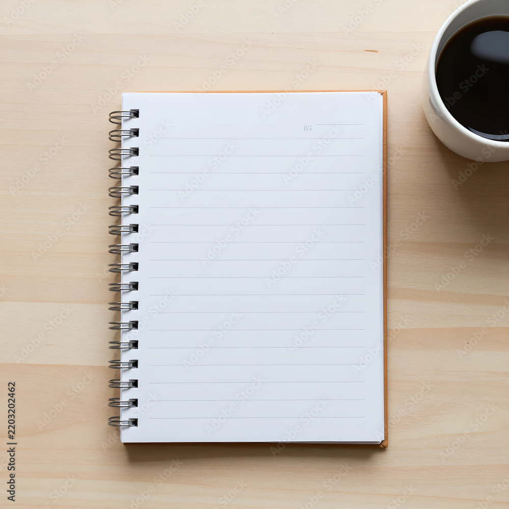 Obraz premium Productivity and planning, open spiral notebook with blank lined pages and a cup of black coffee on a wooden desk for morning work routine and goals