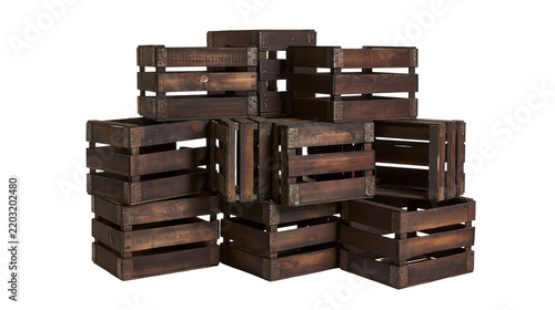 Isolated rustic wooden boxes stacked creatively, perfect for display or storage solution