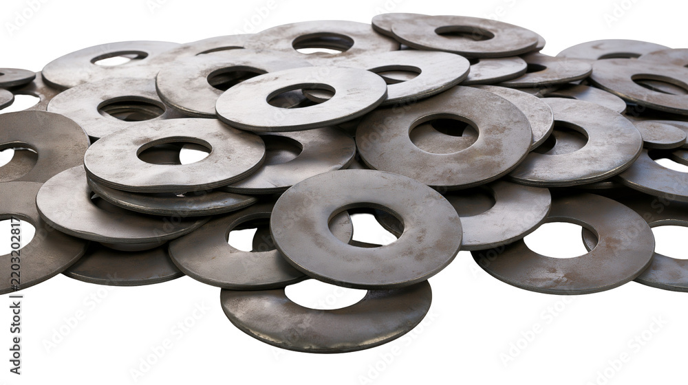 Obraz premium Isolated steel flat washers hardware components for industrial and construction purposes