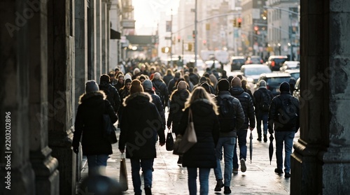 Anonymous crowd of people walking on city street