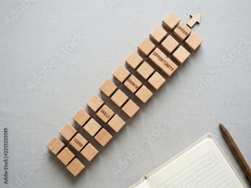 Wooden cubes arranged as a ladder symbolizing progress and opportunity