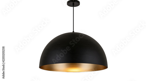 Fotografie Isolated modern black metal dome pendant light with golden interior, elegant cei