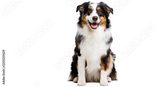 Isolated happy Australian Shepherd dog sitting, looking at camera with open mouth, friendly pet.