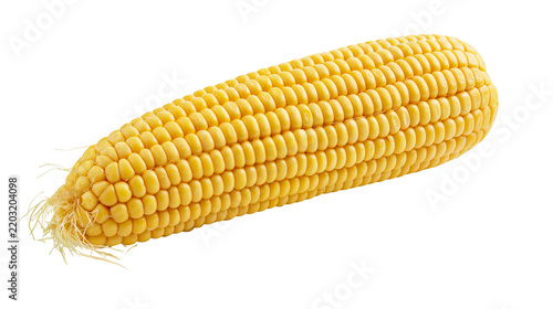 Isolated ear of fresh raw yellow sweet corn on the cob, healthy organic vegetable food.