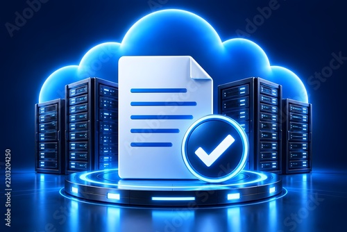 Obraz na płótnie Secure cloud document storage concept with check mark validation on digital file and server background
