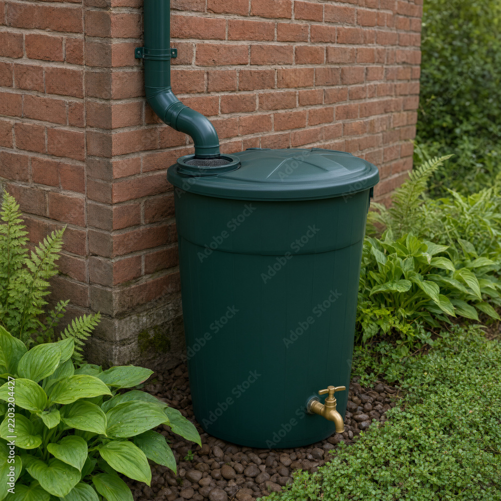 Obraz premium Green Rainwater Harvesting Barrel Beside Brick House