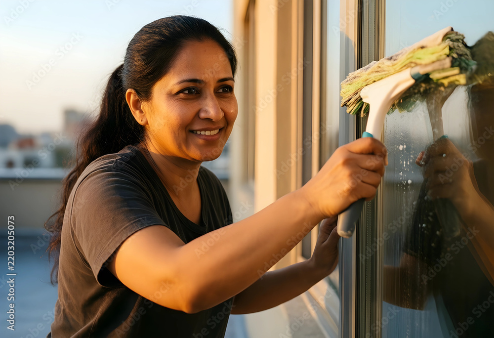 Fototapeta premium Housekeeping and home maintenance, smiling woman cleaning window glass with squeegee during sunset for spring cleaning and domestic chores in apartment