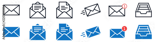 Set of email and message icons, including envelope, sent mail, notification, and inbox tray, vector illustration