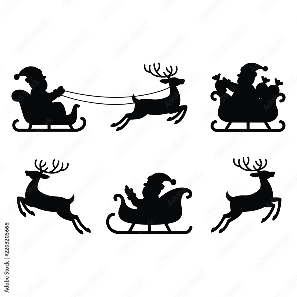 Fototapeta premium Santa claus with reindeer sleigh silhouettes against a white background