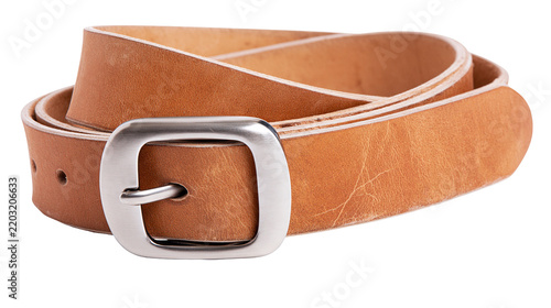 Isolated coiled brown leather belt with a shiny metal buckle, a versatile fashion accessory.