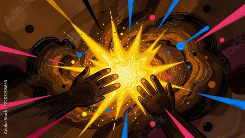 Two hands reaching for a bright yellow explosion with colorful rays illustration