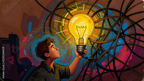 Caucasian man holding a glowing lightbulb with abstract wires and colorful background illustration