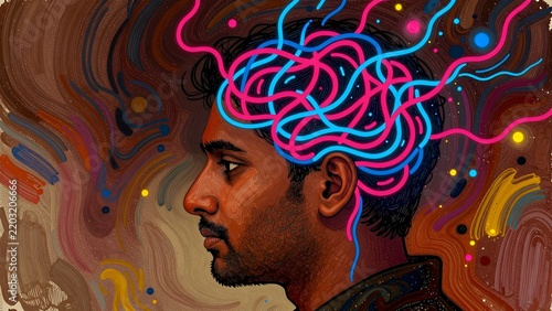 South Asian man with colorful glowing lines representing thoughts and creativity illustration