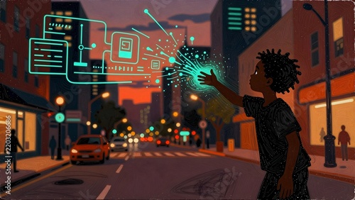 African American boy interacting with glowing digital interface in city street illustration