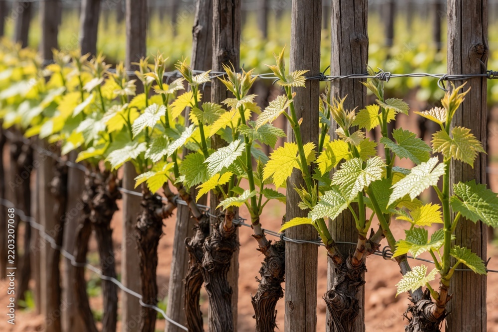 Obraz premium Young green grapevine buds grow on wooden stakes in spring. New leaves emerge from old vines in vineyard. Agriculture worker prepares grape plantation for seasonal growth. Fresh foliage develops on