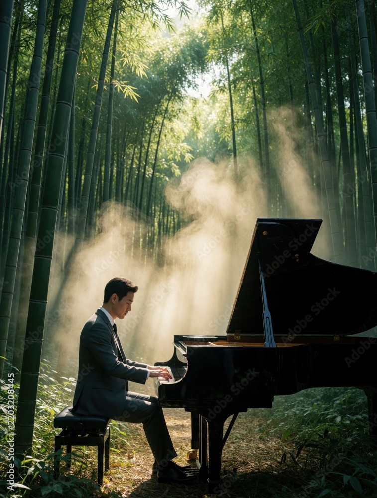 Obraz premium Asian man in grey suit plays black grand piano in bamboo forest. Misty sunlight rays filter through green trees. Musician performs classical music outdoors amidst calm nature. Peaceful zen atmosphere