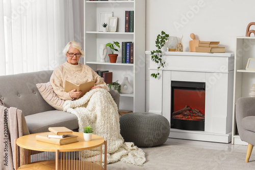Senior woman in eyeglasses with plaid reading book on sofa near fireplace at ...