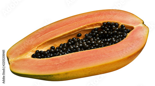 Isolated vibrant orange ripe tropical papaya fruit cut in half with black seeds, healthy food