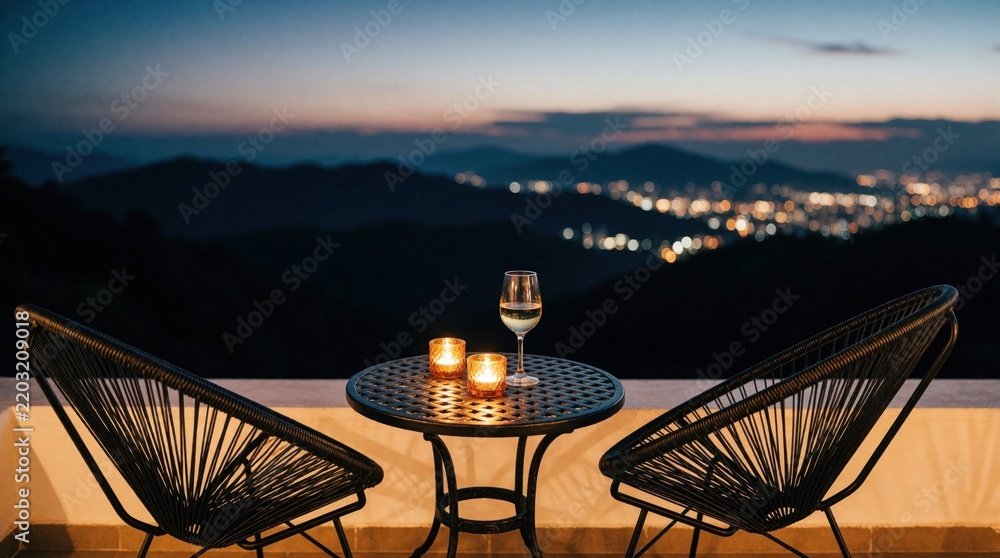 Fototapeta premium Romantic dinner setup on balcony at twilight. Two black chairs sit by small round table with wine glass, candles. Dim city lights glow over distant mountains in background. Peaceful evening view from