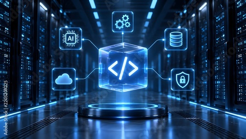 Glowing digital code cube hologram in modern server room illustrating secure artificial intelligence software development