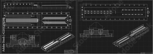 Mechanical engineering drawing of cutting tool on black background. Modular flat broaching tool assembly with teeth, dimensions and sections. Technical machining blueprint. Vector illustration.