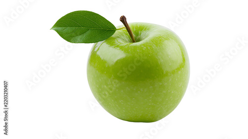 Isolated fresh green apple with a vibrant leaf and natural stem, healthy organic fruit