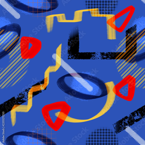 Retro Abstract Geometric Pattern with Colorful Brush Strokes and Halftone Dots. Illustration design for pattern, wrapping, etc.