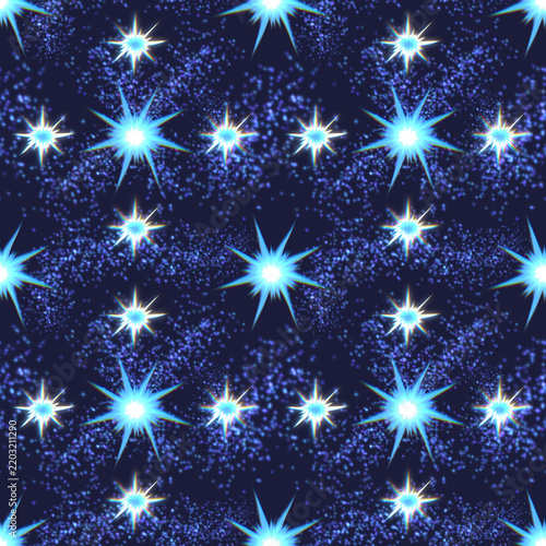 Seamless Pattern of Glowing Blue Stars and Glowing Dust in Outer Space Background. Illustration design for pattern, wrapping, etc.