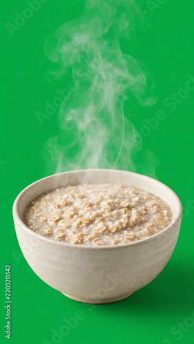 Steaming hot oatmeal porridge in a ceramic bowl isolated on green screen background with rising vapor