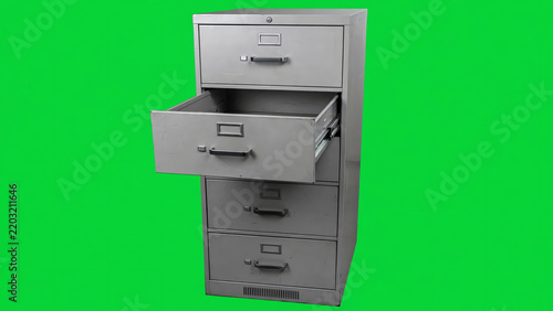 Metal filing cabinet drawer opening and closing against a bright green screen background for easy keying