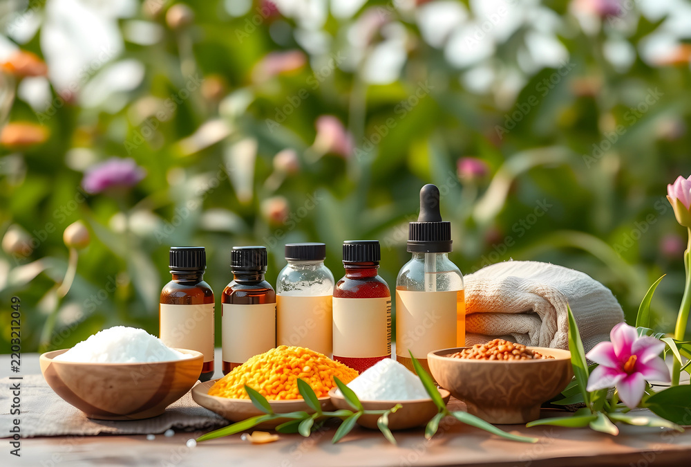 Obraz premium Holistic wellness and natural skincare, essential oils and organic ingredients for spa therapy and aromatherapy in a garden setting with herbal remedies