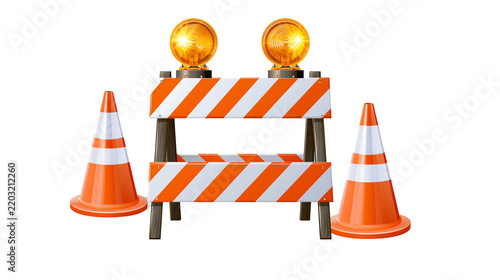 Fotografie Isolated temporary road barrier with flashing warning lights and two orange safe