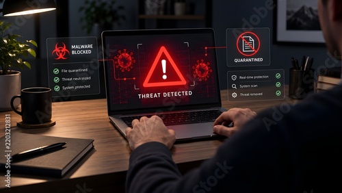Antivirus software detecting and blocking malware threat on laptop with digital warning interface