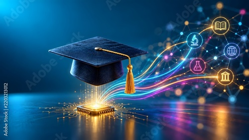 Digital education technology concept with graduation cap and microchip processing academic data