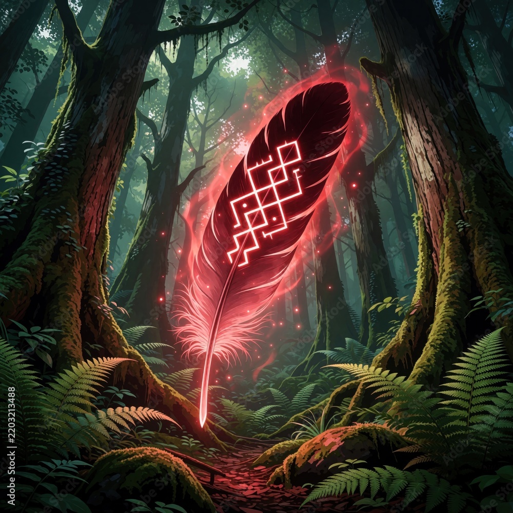 Obraz premium Glowing red feather with white magic rune symbol floats in dark enchanted forest. Mystical light aura shines among mossy trees, ferns. Fantasy concept art shows sacred energy, spiritual power in deep