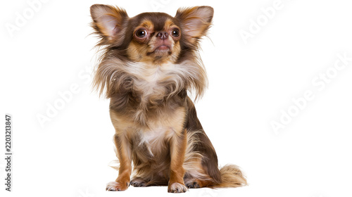 Isolated adorable long-haired chihuahua dog sitting alertly, furry and purebred, looking up curiously
