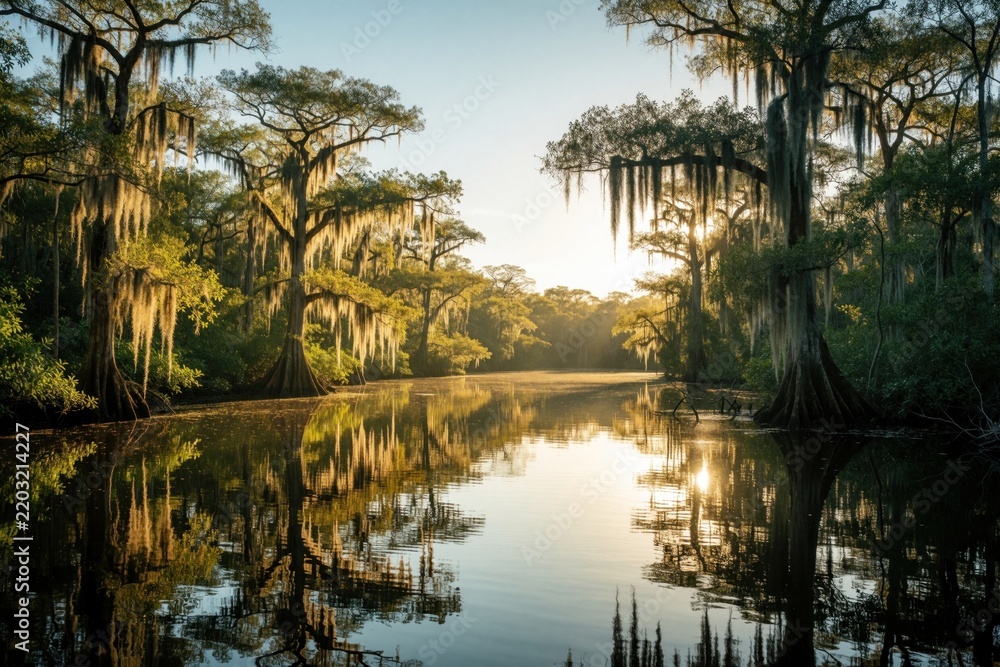 Obraz premium Scenic swamp landscape in Florida with tall cypress trees, Spanish moss. Calm river reflects sunlight, forest trees during golden hour. Tranquil nature scene with water, plants, peaceful atmosphere