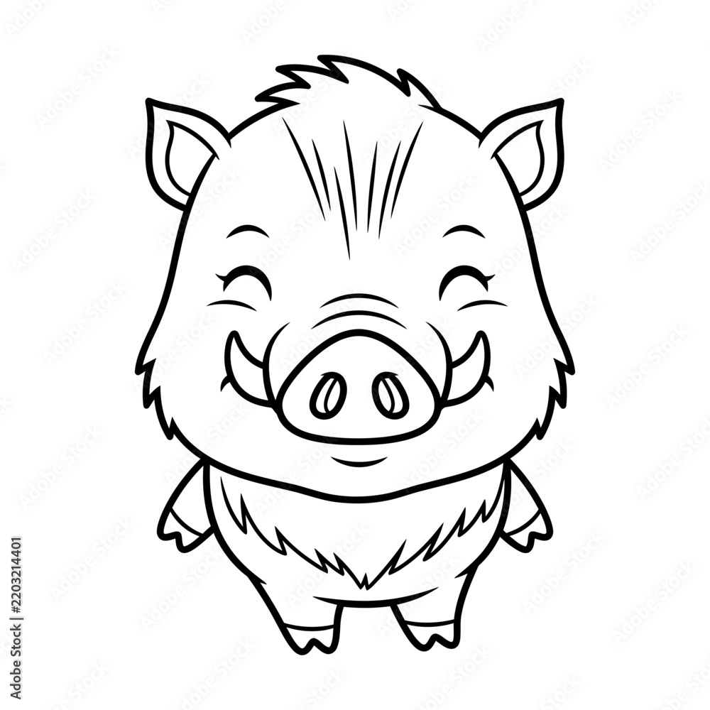 Fototapeta premium Cute cartoon wild boar coloring book jungle animal illustration. Black and white outline vector of a happy baby warthog for kids coloring page.
