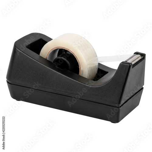 Office desk tape dispenser with clear adhesive tape roll and serrated cutting edge PNG Isolated on transparent background
