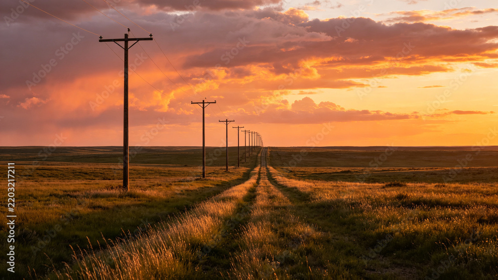 Obraz premium A line of wooden utility poles recedes into the distance across a vast grassy prairie under a vibrant orange and purple sunset sky.