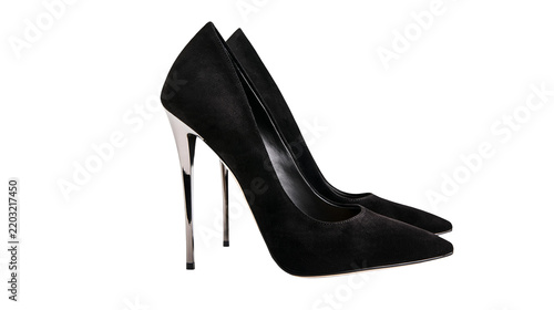 Isolated elegant black suede pointed toe high heels with shiny silver stiletto heels.