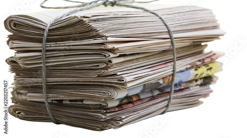 Isolated stack of vintage newspapers neatly bundled with rustic twine, ready for recycling