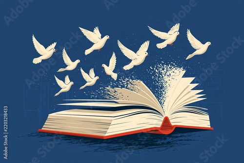 White doves fly from an open book spreading knowledge. Education expands imagination and fosters creativity. Learning liberates the mind and inspires new ideas