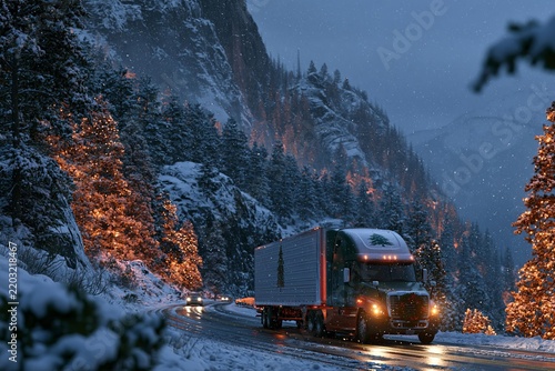 Commercial semi truck drives along winding mountain highway through winter landscape. Large freight semi truck navigates snow covered alpine pass during winter storm
