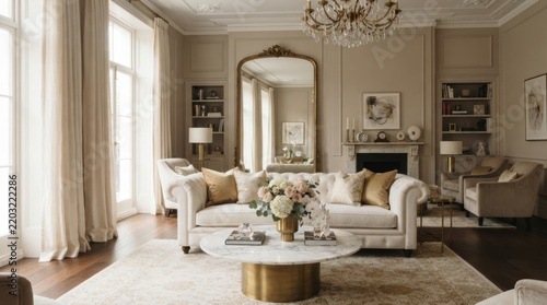 Elegant living room with white sofa, floral arrangement, and large mirror