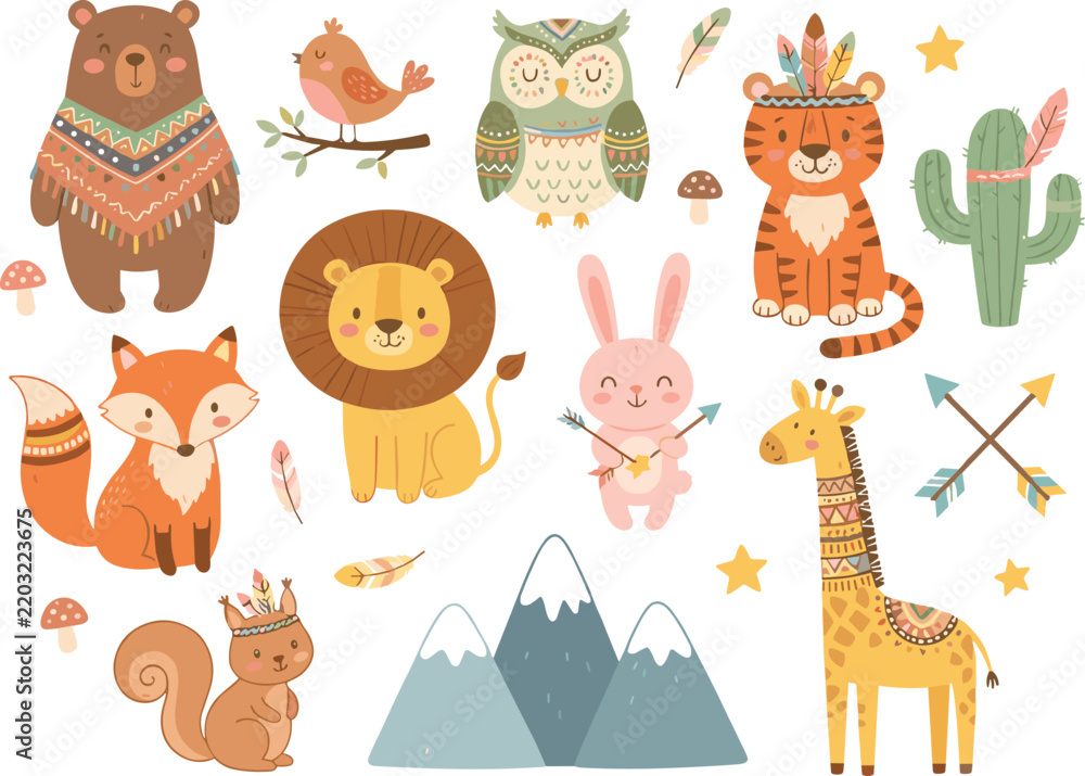 Obraz premium Cute tribal animal vector set featuring cartoon bear fox owl tiger lion giraffe bunny and woodland elements.