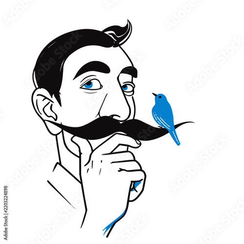 Thoughtful man with mustache and blue bird