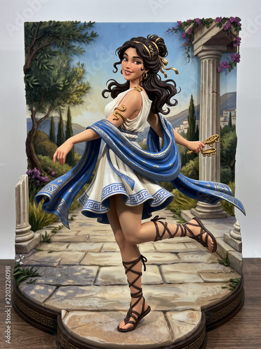 figurine of a woman in a Greek-style dress and blue sash, posed on a stone pathway with a classical backdrop.