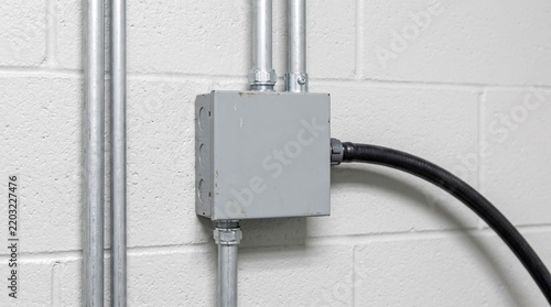 Square electrical junction box connects power lines using flexible and rigid metal conduits.