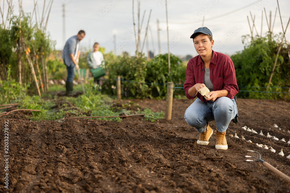 Obraz premium Woman farmer planting seeds in the garden on the farm on background of family. Planting seeds and fertilizing the land. Farmer grows organic natural food
